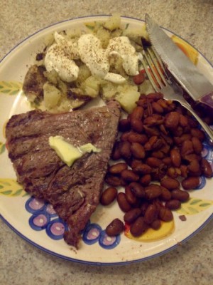 Steak, Baked Potato, Beans from CookingWithKimberly.com