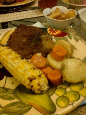 Pork Sirloin Chops, Grilled Corn, Boiled Potatoes & Carrots, Caremelized Apples - CookingWithKimberly.com