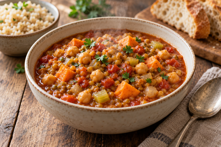 Vegetarian pantry chili with chickpeas, sweet potato and tomatoes, served beside brown rice and crusty bread.