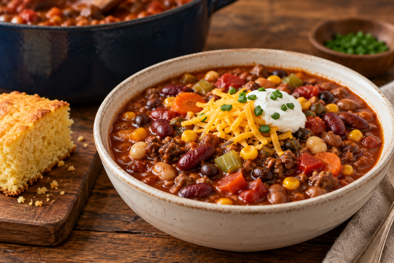 outhwest chili with beef, mixed beans, corn and vegetables, topped with cheddar, sour cream and chives beside cornbread.