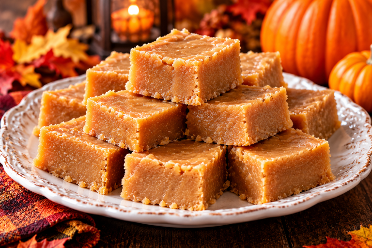 Homemade old-fashioned brown sugar fudge cut into thick golden squares and stacked on a white platter with pumpkins and autumn decorations.