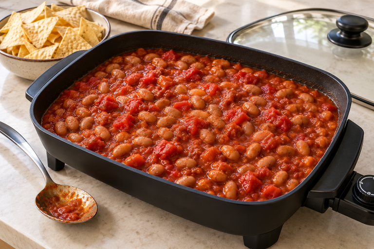 Vegetarian skillet chili with whole pinto beans and tomatoes, served with tortilla chips.
