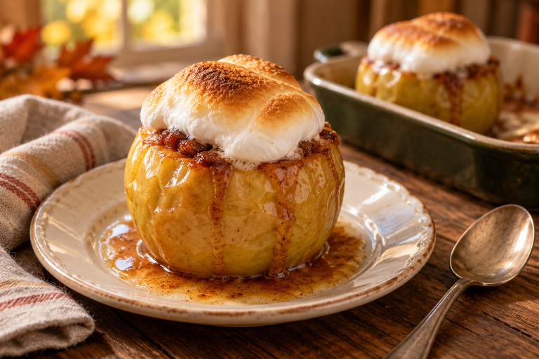 Whole baked apple topped with a golden toasted marshmallow and surrounded by brown sugar juices