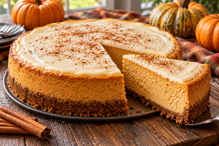 Homemade pumpkin cheesecake with sour cream topping, cinnamon and graham cracker crust