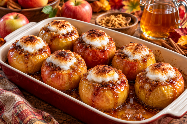 Six whole baked apples with brown sugar and toasted marshmallow toppings in a rustic ceramic baking dish.