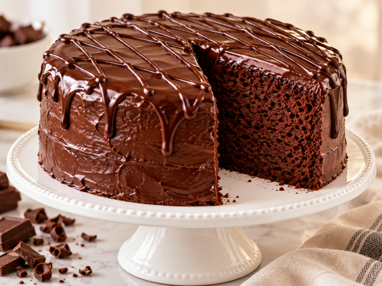 National Dessert Day fudge chiffon cake with glossy chocolate ganache