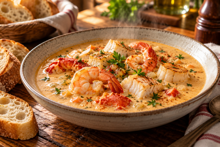 Creamy seafood bisque with lobster, shrimp, scallops and fish served in a rustic bowl with parsley.