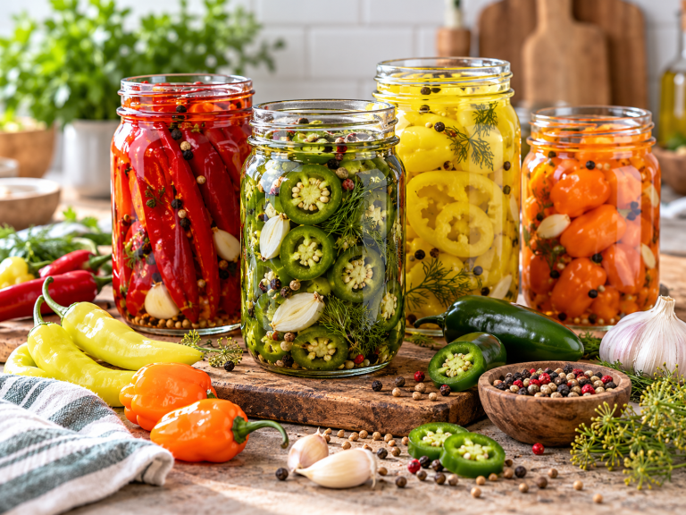 Four glass jars filled with red, green, yellow and orange pickled hot peppers, arranged on a rustic kitchen table.