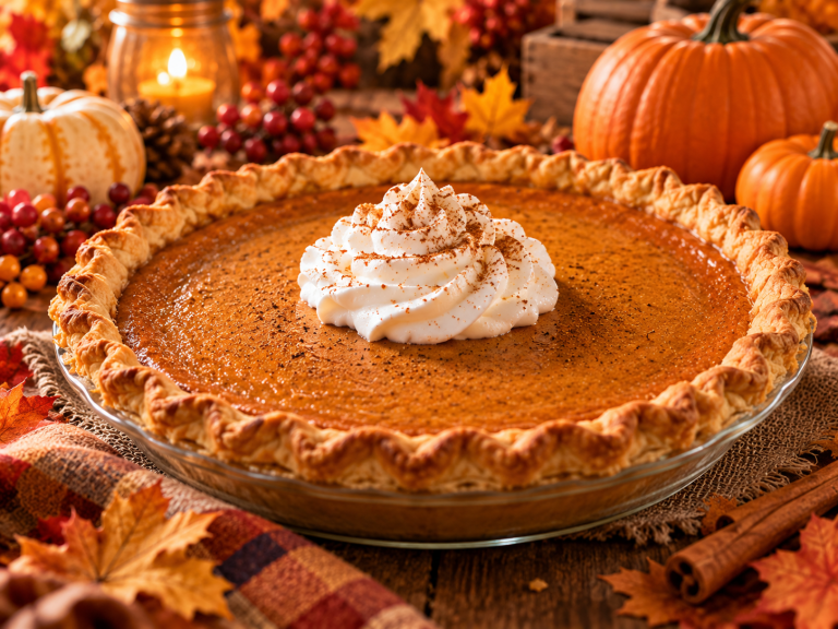 Homemade pumpkin pie with golden flaky crust, cinnamon-dusted whipped cream and autumn pumpkins in the background.