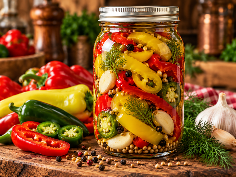 Colourful jar of pickled peppers with red and yellow pepper strips, green jalapeño slices, garlic and herbs.