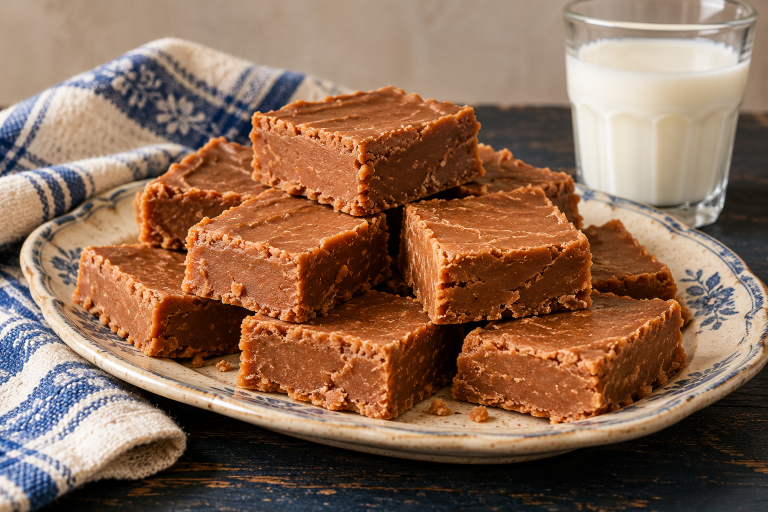 Thick squares of homemade brown sugar fudge on a vintage blue-and-white ceramic plate beside a glass of milk.