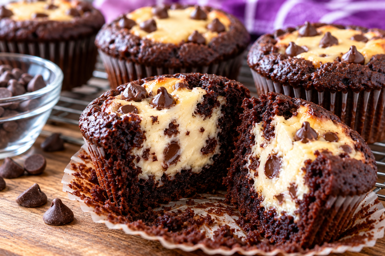 Black bottom cupcakes with rich chocolate cake and chocolate-chip cream cheese centres, including a cupcake cut open to show its filling.