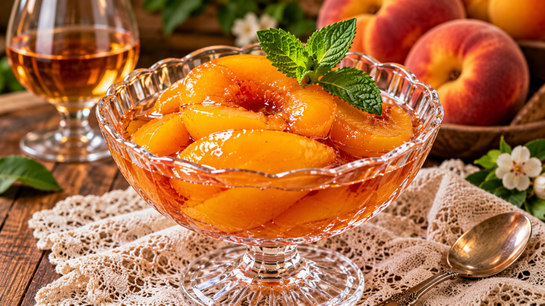 Golden brandied peach halves glistening in amber syrup in a crystal dessert bowl, garnished with fresh mint.