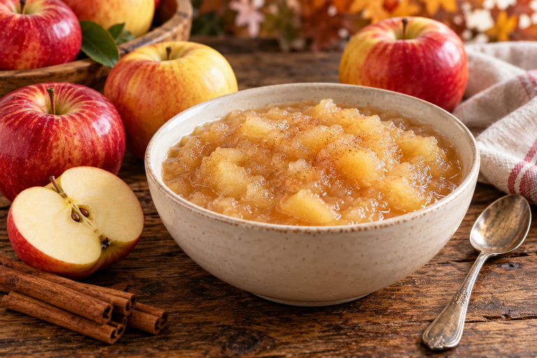 Chunky golden applesauce in a ceramic bowl beside fresh apples and cinnamon sticks