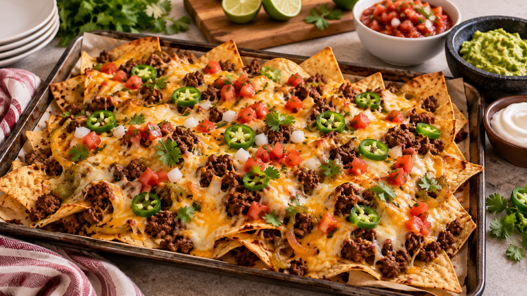 Loaded ground beef nachos with melted cheese, jalapeños, tomatoes and fresh toppings on a baking tray