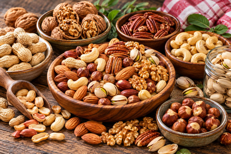 Assorted walnuts, pecans, almonds, cashews, pistachios, hazelnuts and peanuts displayed in rustic bowls on a wooden table.