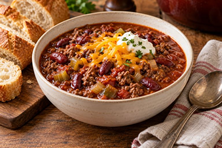 Beef and kidney bean chili topped with cheddar and sour cream, served with crusty bread.
