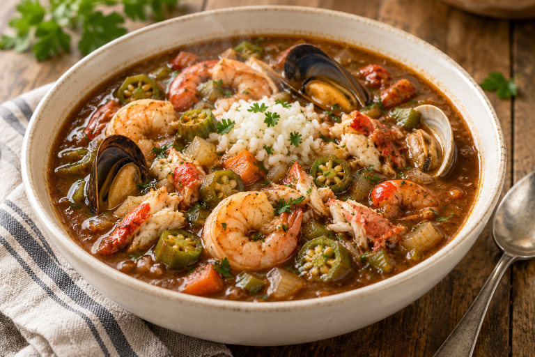 Seafood gumbo with shrimp, mussels, clams, lobster, okra and rice in a ceramic bowl
