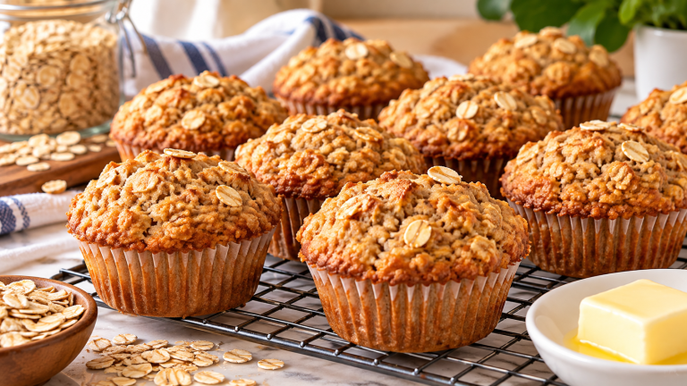 Golden homemade oatmeal muffins with rolled oats on top, cooling on a wire rack.