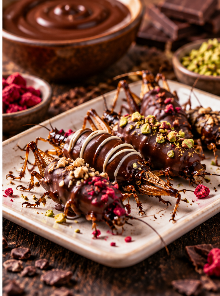 Gourmet chocolate-covered edible insects with decorative drizzles and colorful toppings for National Chocolate Covered Insect Day