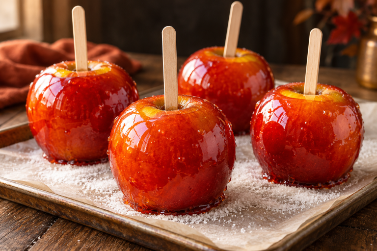 Four glossy reddish-orange blood orange candy apples on wooden sticks resting on a sugar-covered tray