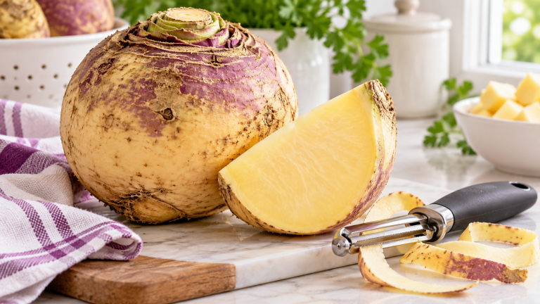 resh Ontario turnip with a cut wedge and vegetable peeler on an ivory kitchen surface