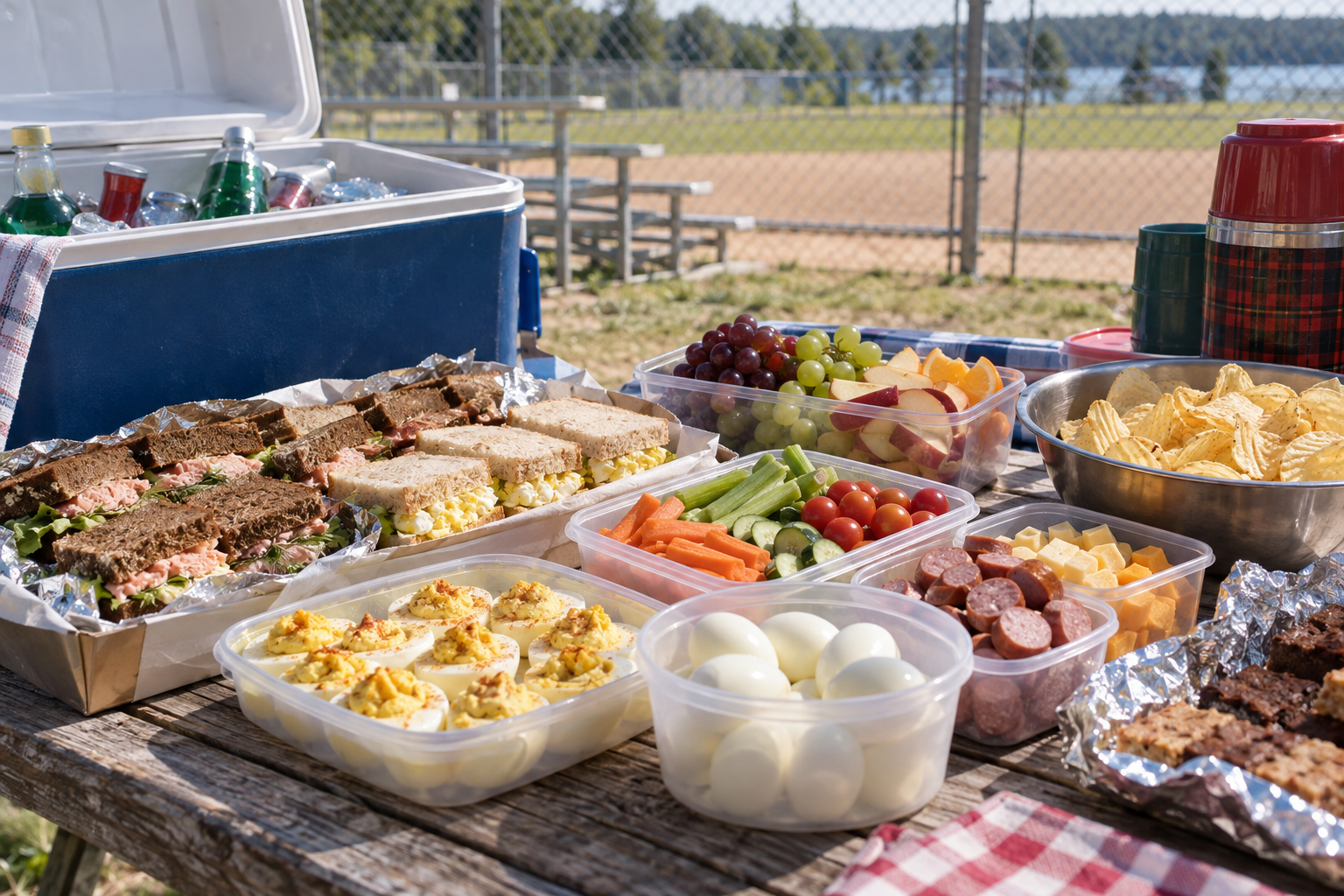 A softball tournament cooler spread with salmon sandwiches, egg salad sandwiches, deviled eggs, boiled eggs, fruit, vegetables, kielbasa, cheese, chips, and drinks.