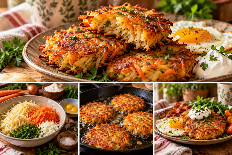 Potato and carrot breakfast cakes shown from grated vegetable preparation through skillet cooking and finished brunch serving
