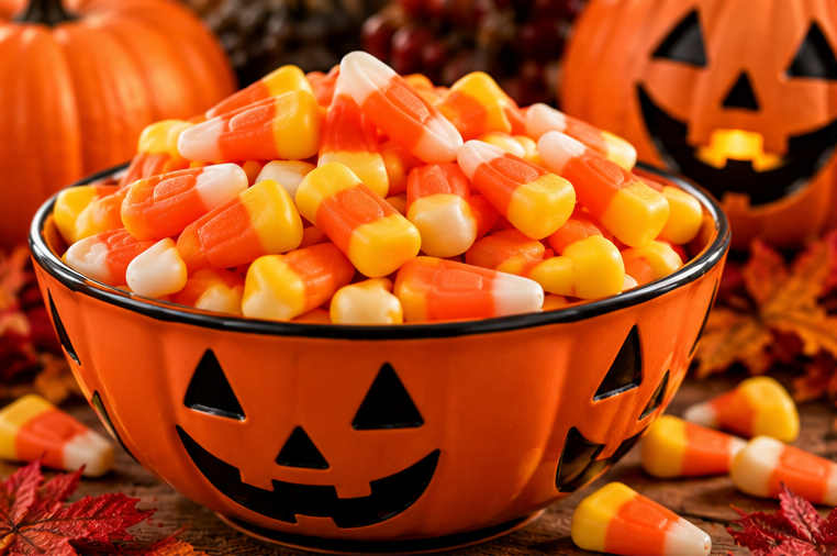 Traditional yellow, orange and white candy corn piled in an orange jack-o'-lantern bowl surrounded by Halloween pumpkins.