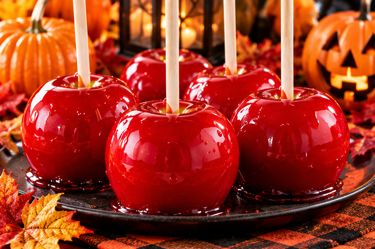 Glossy red homemade candy apples on wooden sticks arranged on a dark serving tray with Halloween pumpkins.