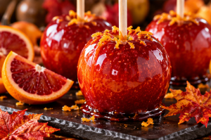 Homemade blood orange candy apples with ruby-red sugar coatings for a festive Halloween treat.