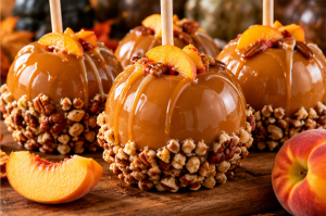 Golden caramel-coated apples with chopped nut toppings and fresh peach slices arranged on a rustic serving board.