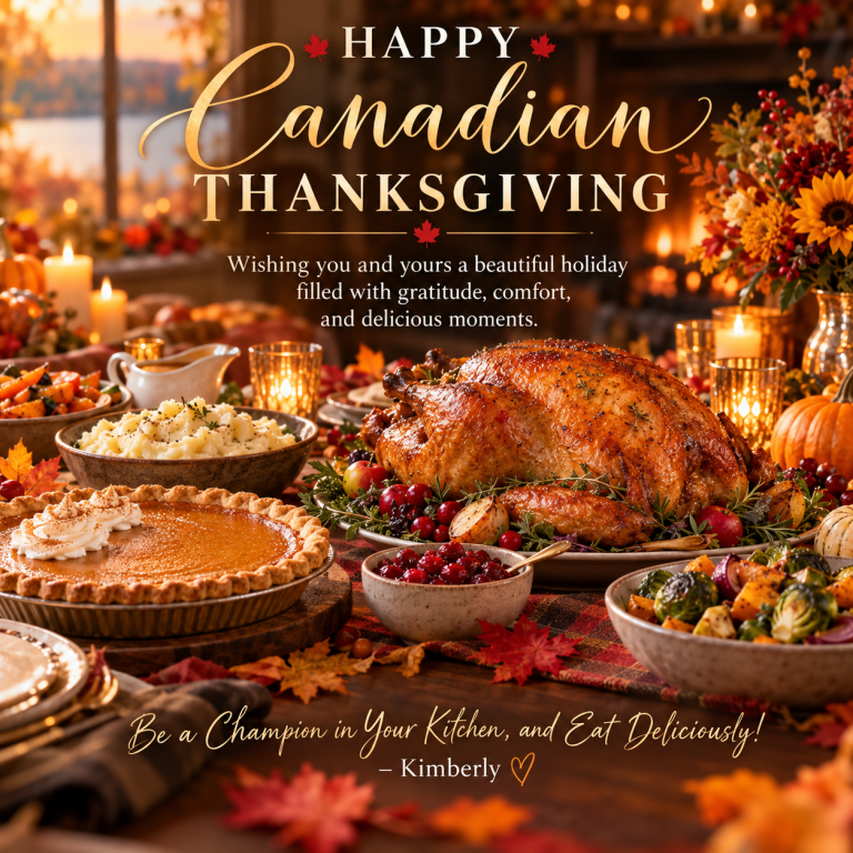 Happy Canadian Thanksgiving greeting with roasted turkey, mashed potatoes, pumpkin pie, autumn decorations and a festive holiday table