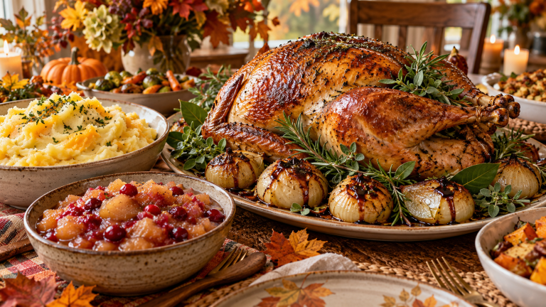 Quiet Canadian Thanksgiving feast with roasted smoked turkey, mashed turnip and potato, glazed onions, applesauce and cranberry side dishes