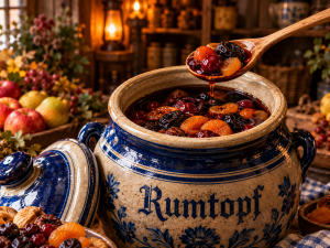 Wooden spoon lifting glossy rum-preserved cherries, apricots, figs and dried fruit from an open blue and beige Rumtopf.