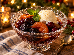 Crystal dessert bowl filled with rum-soaked cherries, apricots and plums, topped with vanilla ice cream and fresh mint.