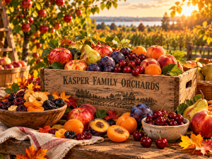 Wooden Kasper Family Orchards crate filled with apples, cherries, peaches, plums and pears in a sunlit orchard.