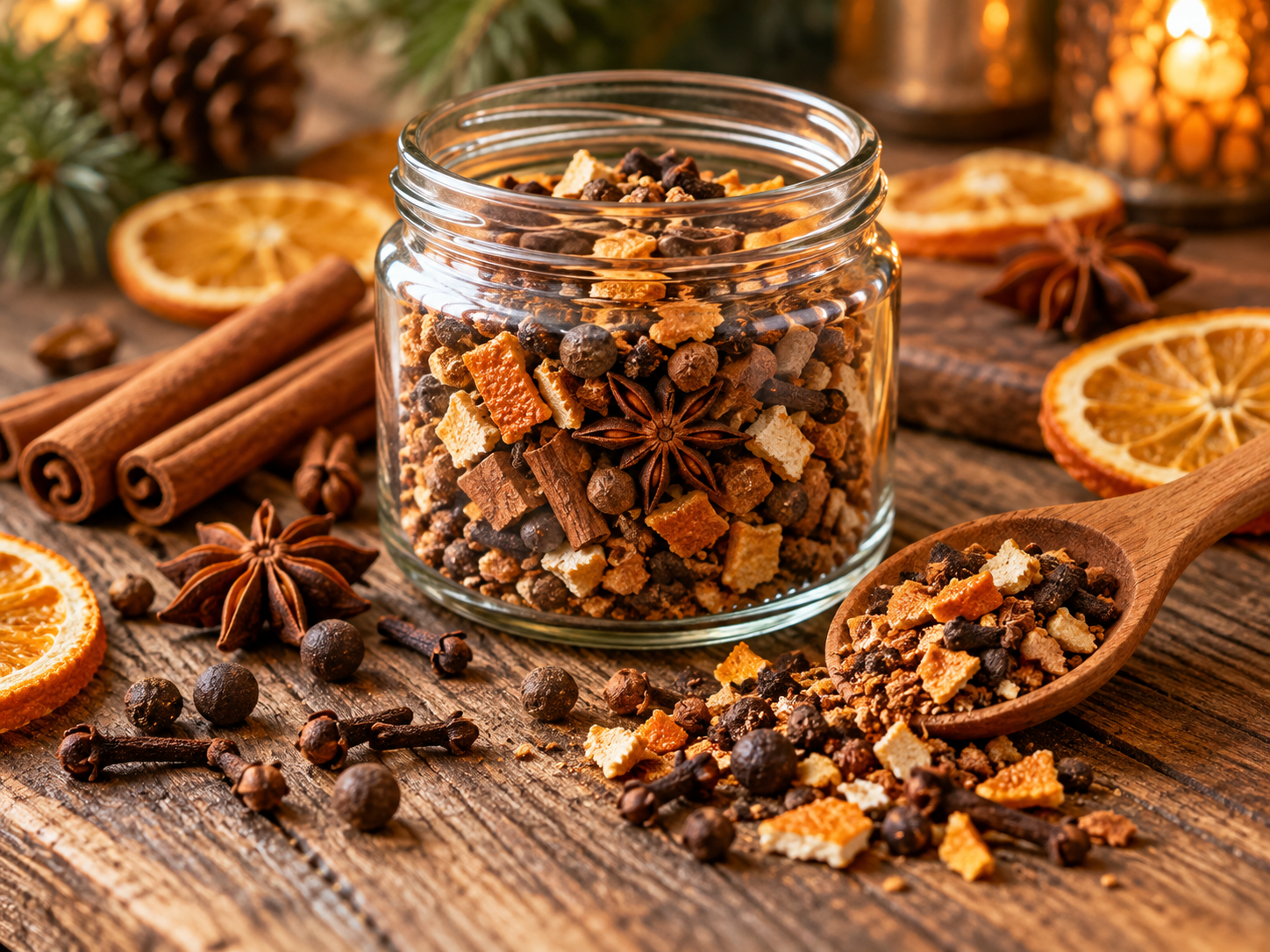 Homemade mulling spice blend in a glass jar with dried orange peel, cinnamon, cloves, allspice berries and star anise.
