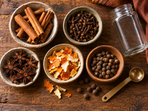 Five bowls containing cinnamon sticks, whole cloves, star anise, dried orange peel and allspice berries on a wooden table.