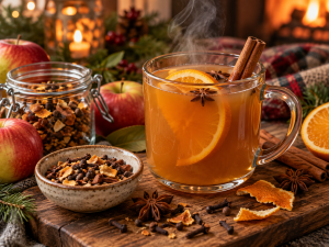 Steaming glass mug of mulled apple cider with an orange slice, cinnamon stick and star anise.