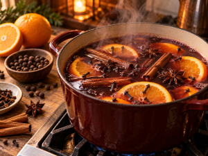 Red pot of steaming mulled wine with floating orange slices, cinnamon sticks, cloves and star anise.