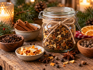 Glass jar filled with homemade whole mulling spices and decorated with a rustic twine bow.