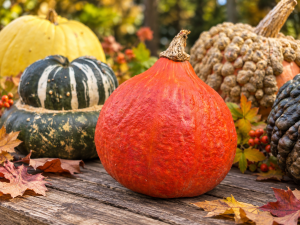 Bright reddish-orange Red Kuri winter squash with a rounded teardrop shape and short woody stem displayed on rustic wooden boards.