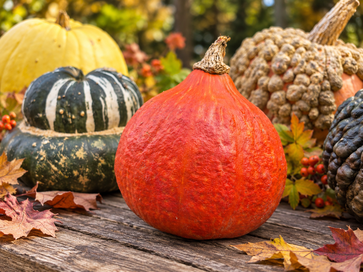 Bright reddish-orange Red Kuri winter squash with a rounded teardrop shape and short woody stem displayed on rustic wooden boards.