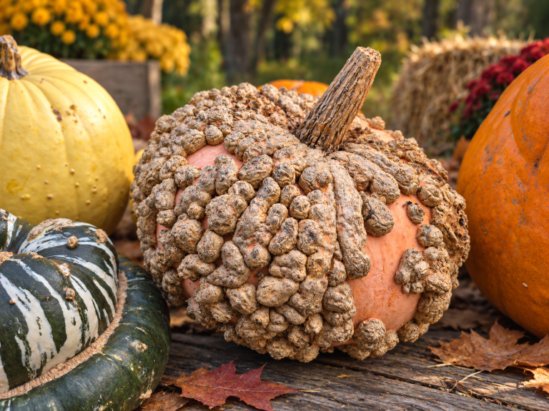 Salmon-pink Galeux d'Eysines heirloom pumpkin covered in distinctive corky, peanut-shaped growths and displayed on rustic wooden boards.
