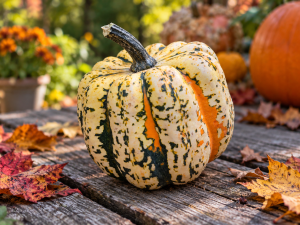 Whole Sweet Dumpling winter squash with cream-coloured skin, dark green markings and orange patches displayed on rustic wooden boards.