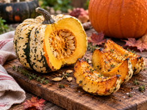 Sweet Dumpling squash cut open to reveal golden-orange flesh and seeds beside herb-roasted squash wedges on a wooden board.