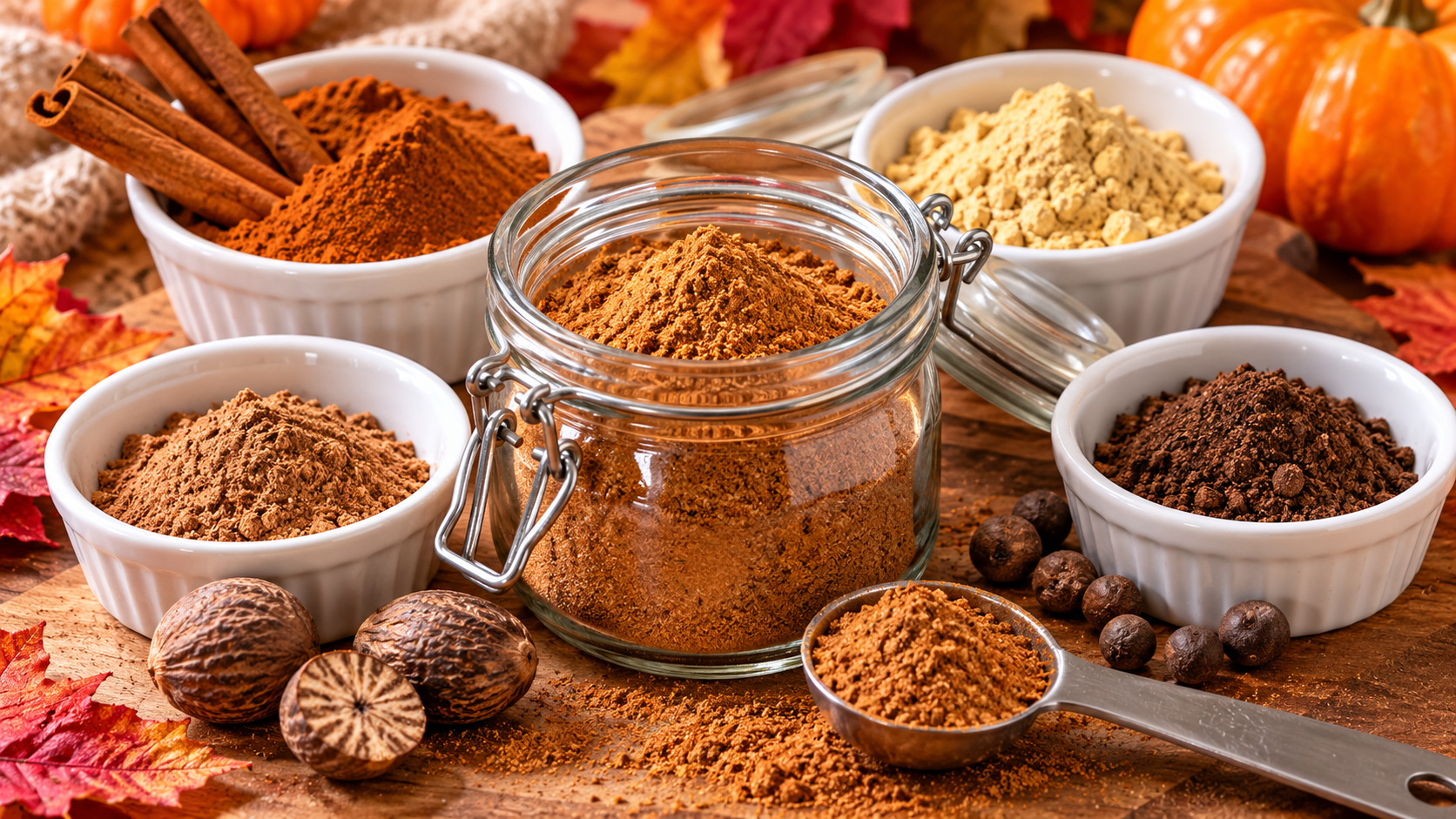 Homemade pumpkin spice blend in a glass jar surrounded by ground cinnamon, ginger, nutmeg, and allspice.