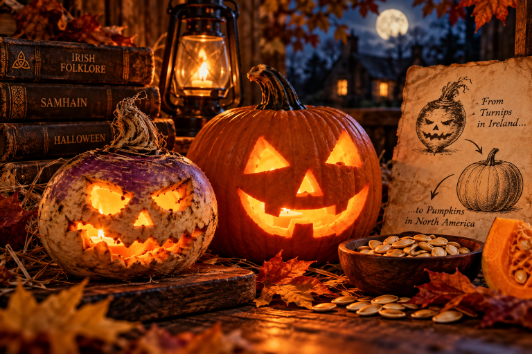 Carved turnip and pumpkin lanterns beside Irish folklore books and a parchment showing the history of Halloween jack-o'-lanterns.