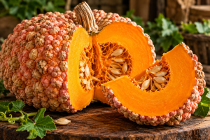 Galeux d'Eysines pumpkin cut open to reveal vivid orange flesh, seeds and the distinctive warty rind of the French peanut pumpkin.